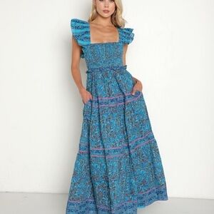 Cleobella Marilyn Ankle Midi Dress in Zuri Block Print Blue